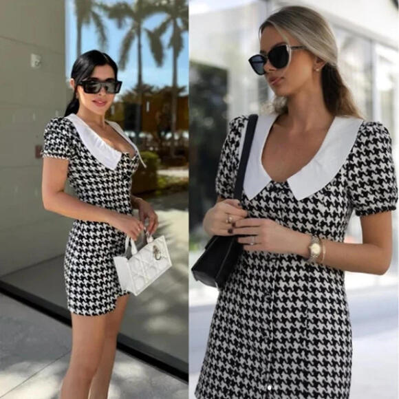 MORE TO COME Rachelle Mini Dress in Black & White Houndstooth Tweed size S NWT - Picture 1 of 8